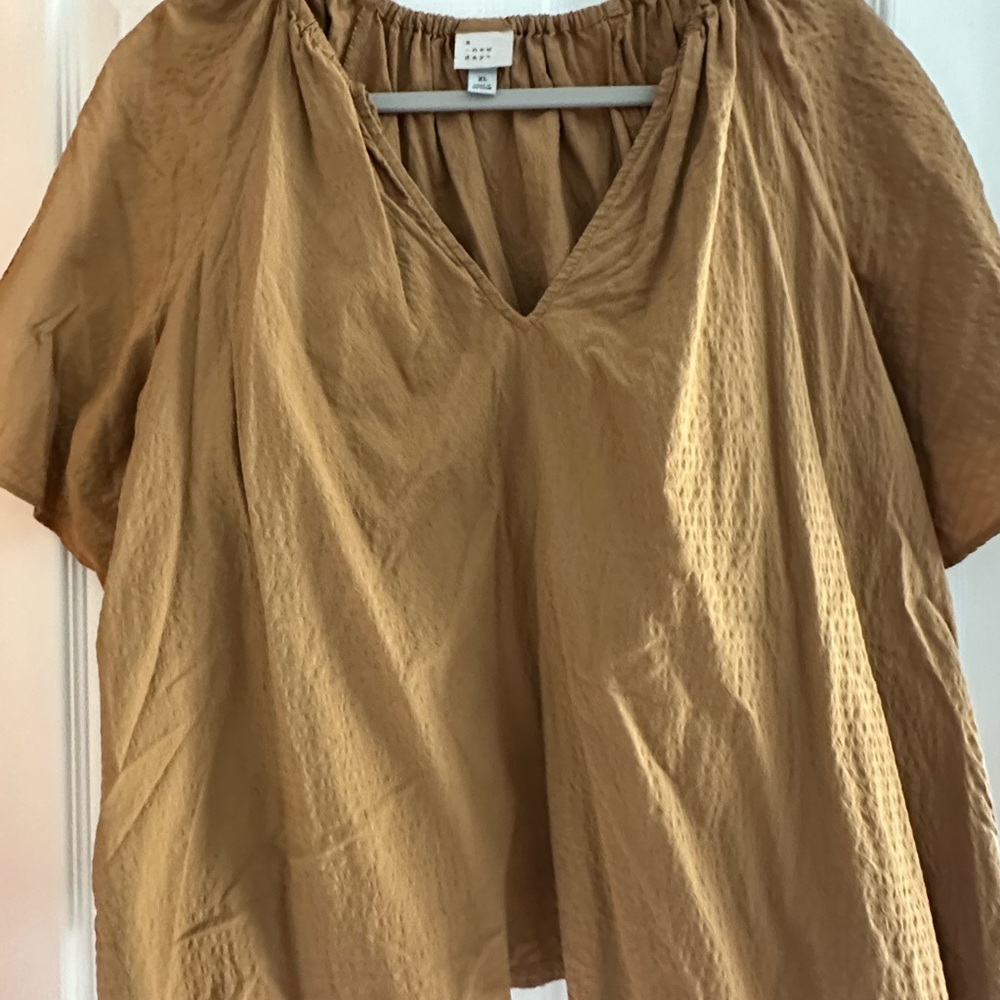 A New Day Tan Short Sleeve Smocked Blouse